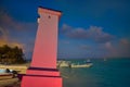 Puerto Morelos sunset bent lighthouse Royalty Free Stock Photo