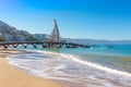 Puerto Vallarta, Mexico-20 December, 2019: Playa De Los Muertos beach and pier close to famous Puerto Vallarta Malecon, the city