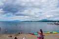 View of Llanquihue Lake beach and the volcanos Osorno and Calbuco