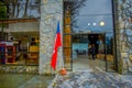 PUERTO VARAS, CHILE, SEPTEMBER, 23, 2018: Beautiful view of gorgeous building mixed with glass and stoned close to the