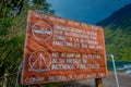 PUERTO VARAS, CHILE, SEPTEMBER, 23, 2018: Informative sign of National Park Vicente Perez Rosales in front of the Lake