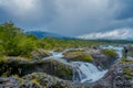 PUERTO VARAS, CHILE, SEPTEMBER, 23, 2018: Saltos de Petrohue. Waterfalls in the south of Chile, formed by volcanic
