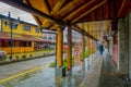 PUERTO VARAS, CHILE, SEPTEMBER, 23, 2018: Unidentified people walking inside of a wooden building store or housebuilding