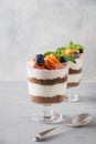 Puff dessert made of chocolate biscuit, cream cheese garnished with fresh apricot on light table. Close up Royalty Free Stock Photo