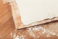 Puff dough, wooden cutting board on a light table with flour. To Royalty Free Stock Photo