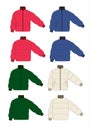 Colorful sport winter puff jackets technical sketches set