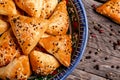 Puff pastries with meat samosa samsa - traditional uzbek and indian pasrty. top view. Traditional Oriental food