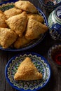 Puff pastries with meat samosa - traditional uzbek and indian pasrty. Royalty Free Stock Photo