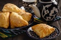 Puff pastries with meat samosa - traditional uzbek and indian pasrty. Royalty Free Stock Photo