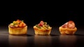 puff pastry baskets stuffed with tomato, cheese, spinach and ham close-up