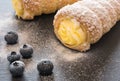 Puff pastry horns filled with vanilla cream on the dark background Royalty Free Stock Photo