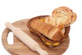 Puff pastry with a hot dog in a wicker basket Royalty Free Stock Photo