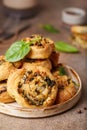 Puff pastry Pizza rolls with spinach, chicken meat and cheese Royalty Free Stock Photo