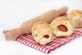 Puff pastry and rolling pin on the table cloth Royalty Free Stock Photo