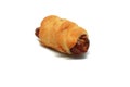 Puff pastry sausage roll, fast food on white background. Sausage roll