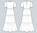 Puff Sleeve Maxi Dress technical fashion illustration. Tiered Dress fashion flat technical drawing template