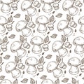 Puffball mushroom with leaves, mushrooming season seamless pattern