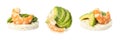 Puffed corn cake with avocado and shrimp on background, view from different sides. Banner design
