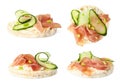 Puffed corn cake with prosciutto and cucumber on background, view from different sides