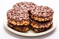 Puffed Rice Cake with Chocolate Isolated, Rice Diet Bread, Cereal Waffle, Cocoa Crackers on White