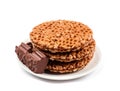 Puffed Rice Cake with Chocolate Isolated, Rice Diet Bread, Cereal Waffle, Cocoa Crackers on White