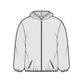 Puffer coat jacket technical fashion illustration with long sleeves, hoody collar, pockets, boxy fit, hip length