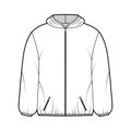 Puffer coat jacket technical fashion illustration with long sleeves, hoody collar, pockets, boxy fit, hip length