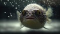 a puffer fish with bubbles of water on its face and back, swimming in an aquarium with a black background and a black background