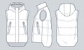 Puffer Vest technical fashion Illustration. Hooded down Vest, Waistcoat fashion flat technical drawing template, pockets