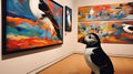 Puffin at an art museum, admires artwork of puffins. Funny scene