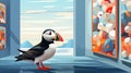Puffin at an art museum, admires artwork of puffins. Funny Icelandic scene