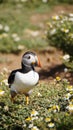Puffin in daisy field on the wig of Skomer island