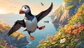 Puffin diving bird flying comical scene flight