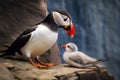 puffin parent feeding youngling on rocky cliffside Royalty Free Stock Photo