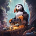 Puffin playing video games, holding gaming controller, in an ice cave illustration