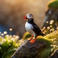 Ai Generated illustration Wildlife Concept of Puffin on the rocks at latrabjarg Iceland on a sunny day