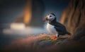 Puffin on rocky coast of Iceland, blurred blue ocean and yellow small flowers background, generative AI Royalty Free Stock Photo