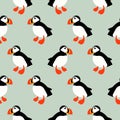 Puffin seabird seamless vector pattern.