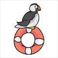 Cute puffin sitting on lifering cartoon vector illustration. Hand drawn nautical seabird isolated elements. Clipart for life guard Royalty Free Stock Photo