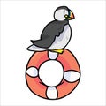 Cute puffin sitting on lifering cartoon vector illustration. Hand drawn nautical seabird isolated elements. Clipart for