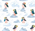 Puffins on the rocks seamless pattern