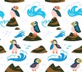 Puffins on the rocks seamless pattern