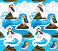 Puffins on the rocks seamless pattern