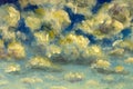 Puffy clouds and blue sky in sunny day Watercolor illustration.