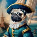 A pug in an admiral\'s suit and hat