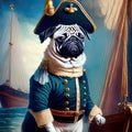 A pug in an admiral\'s suit and hat. in the background there is a sea, a sail and a warship