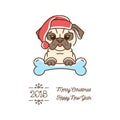 Pug Christmas, Year of the Dog 2018. Cute cartoon pug in the New Year hat, Vector line icon Royalty Free Stock Photo