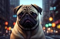Pug in city. Cute wrinkled dog on walk along city street. Generative AI. Royalty Free Stock Photo