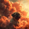 Pug dog amidst dramatic clouds and sunset