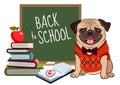 Pug dog back to school cartoon illustration. Cute friendly pug p